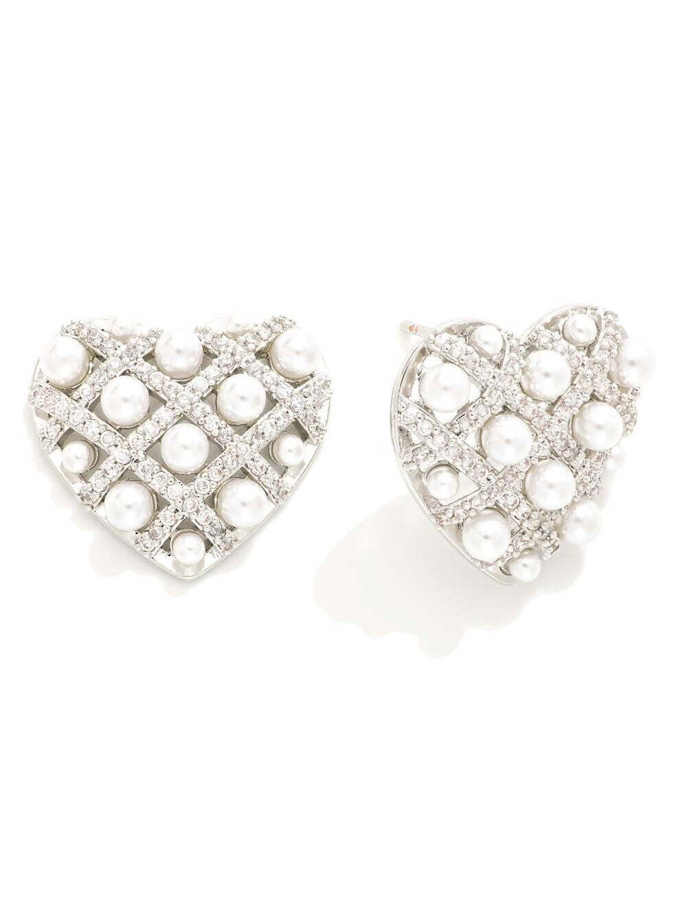 Silver Heart Stud Earrings Faux Pearl & Crystal Rhinestone Accent
